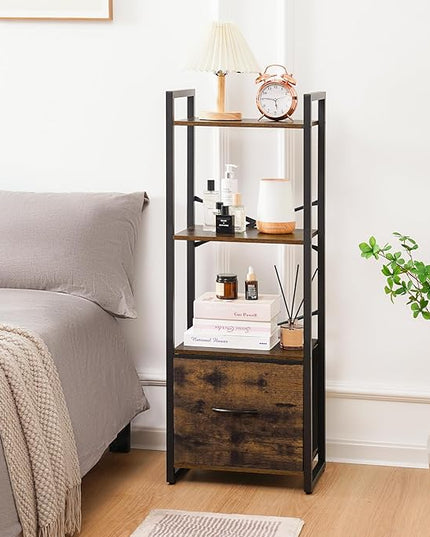 Yoobure Bookshelf, 4 Tier Book Shelf with Drawer, Small Bookcase Narrow Book Case, Industrial Bookshelves Shelf for Bedroom Living Room Office, Book Storage Organizer for CD/Movie Rustic Brown - LeafyLoom