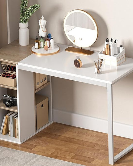 Coavas Computer Desk with Storage, Home Office Desk with Adjustable Shelves, Simple Style Writing Study Desk with Metal Frame, Modern Design PC Laptop Desk, 47 inch, White and Oak - LeafyLoom