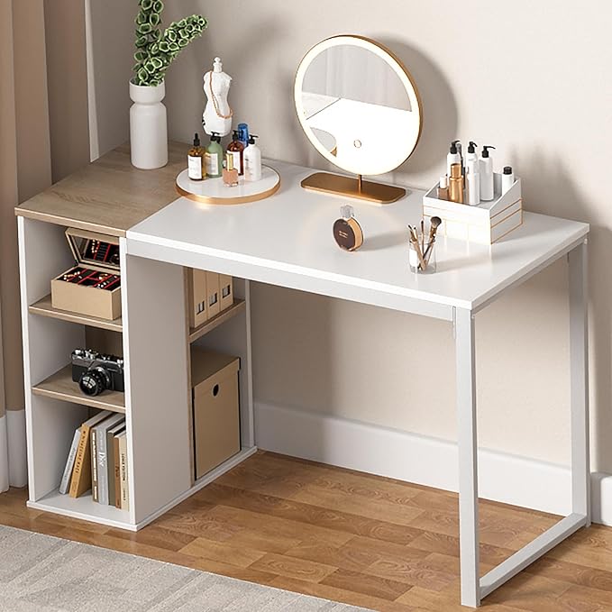 Coavas Computer Desk with Storage, Home Office Desk with Adjustable Shelves, Simple Style Writing Study Desk with Metal Frame, Modern Design PC Laptop Desk, 47 inch, White and Oak - LeafyLoom