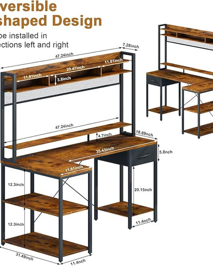 TOARTi 47" L Shaped Computer Desk with LED Lights, Gaming Corner Desk with Hutch, Computer Desk with Long Monitor Shelf for Home Office, Vintage Brown - LeafyLoom