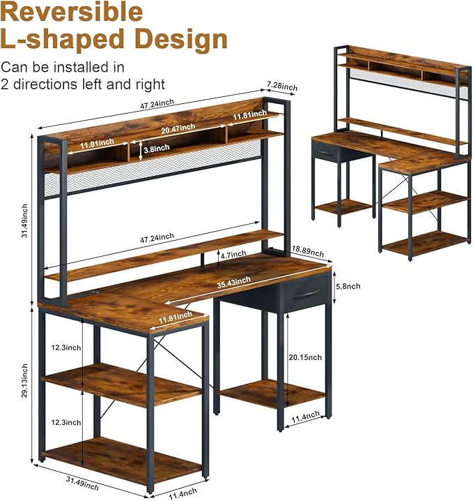 TOARTi 47" L Shaped Computer Desk with LED Lights, Gaming Corner Desk with Hutch, Computer Desk with Long Monitor Shelf for Home Office, Vintage Brown - LeafyLoom