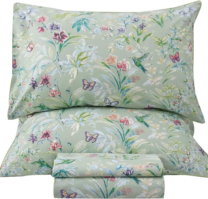 QSH 100% Egyptian Cotton Cal King Sheets, Green Flower Bird Butterfly Pattern Luxury Cotton Printed Flower California King Bedding Sheets, 4pcs Deep Pocket California King Floral Bed Sheet Set - LeafyLoom