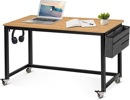 AHB 55" Rolling Computer Desk with 4 Smooth Wheels, Simple Style Mobile Writing Desk Home Office Study Table Movable Workstation with Metal Frame - LeafyLoom