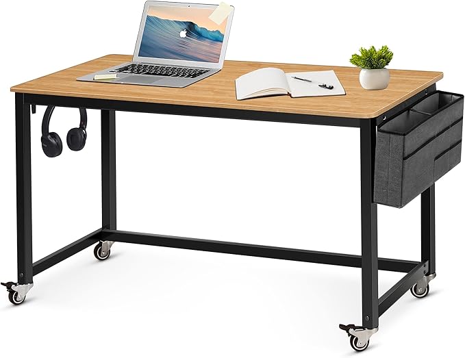 AHB 55" Rolling Computer Desk with 4 Smooth Wheels, Simple Style Mobile Writing Desk Home Office Study Table Movable Workstation with Metal Frame - LeafyLoom