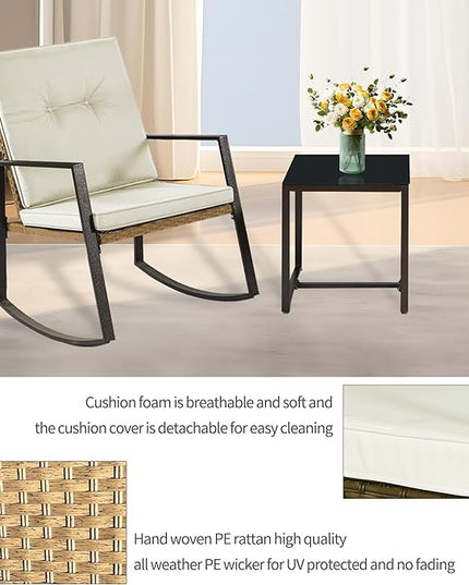 3 Pieces Rocking Bistro Set Outdoor Wicker Patio Furniture Conversation Coffee Table,Washable Cushion for Porch,balcony,Garden,Backyard,Poolside(Beige) - LeafyLoom