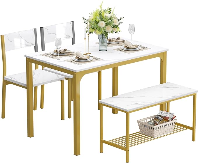 SDHYL Dining Table Set,Two Chairs and One Bench 4 Pieces Set Wooden Table Top with Metal Legs for Breakfast in Living Room, Kitchen Room, Dining Room,Space Saving Kitchen Table Set,Rustic Brown - LeafyLoom