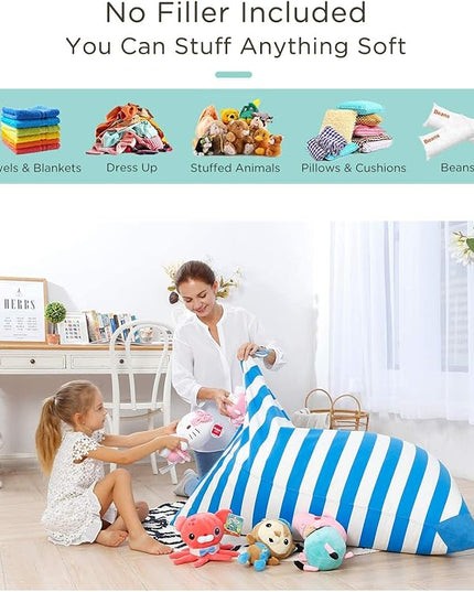 Aubliss Stuffed Animal Storage Bean Bag Chairs Cover, 50"x 35" Extra Large Bean Bags Chair for Kids & Adults, Beanbag Toy Storage for Boys Girls - Premium Cotton Canvas Blue Stripe - LeafyLoom