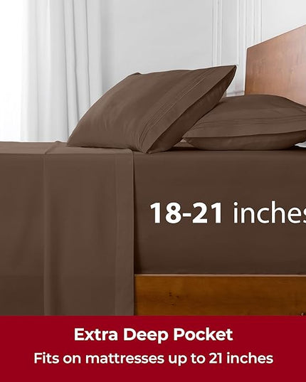 Mellanni Extra Deep California King Sheets - 4 PC Iconic Collection Bedding Sheets & Pillowcases - Hotel Luxury, Ultra Soft, Cooling Bed Sheets - Extra Deep Pocket up to 21 inch (Cal King, Brown) - LeafyLoom