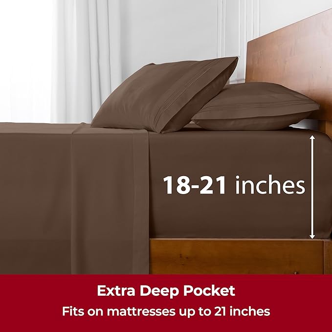 Mellanni Extra Deep California King Sheets - 4 PC Iconic Collection Bedding Sheets & Pillowcases - Hotel Luxury, Ultra Soft, Cooling Bed Sheets - Extra Deep Pocket up to 21 inch (Cal King, Brown) - LeafyLoom
