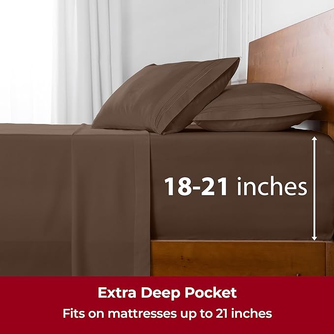 Mellanni Extra Deep Split King Sheets - 5 PC Iconic Collection Bedding Sheets & Pillowcases - Hotel Luxury, Ultra Soft, Cooling Bed Sheets - Extra Deep Pocket up to 21 inch (Split King, Brown) - LeafyLoom