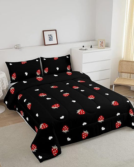 Kawaii Bedding Strawberry Comforter Set King Size Strawberry Decor Down Comforter Red Strawberry Bedding Set Cute Fruits Theme Sweet Strawberry Quilt Set Soft Reversible with 2 Pillowcases, Red Black - LeafyLoom