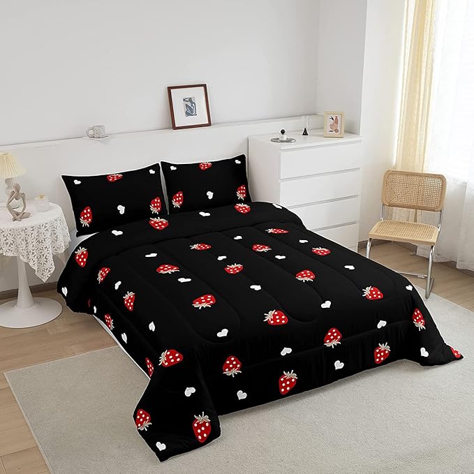 Kawaii Bedding Strawberry Comforter Set King Size Strawberry Decor Down Comforter Red Strawberry Bedding Set Cute Fruits Theme Sweet Strawberry Quilt Set Soft Reversible with 2 Pillowcases, Red Black - LeafyLoom
