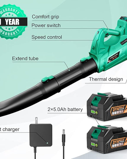 Leaf Blower - 320CFM 180MPH 21V Leaf Blower Cordless with 2 X 5.0 Ah Battery & Charger, Electric Leaf Blower Battery Powered Leaf Blower Lightweight for Snow Blowing & Lawn Care Yard Cleaning - LeafyLoom