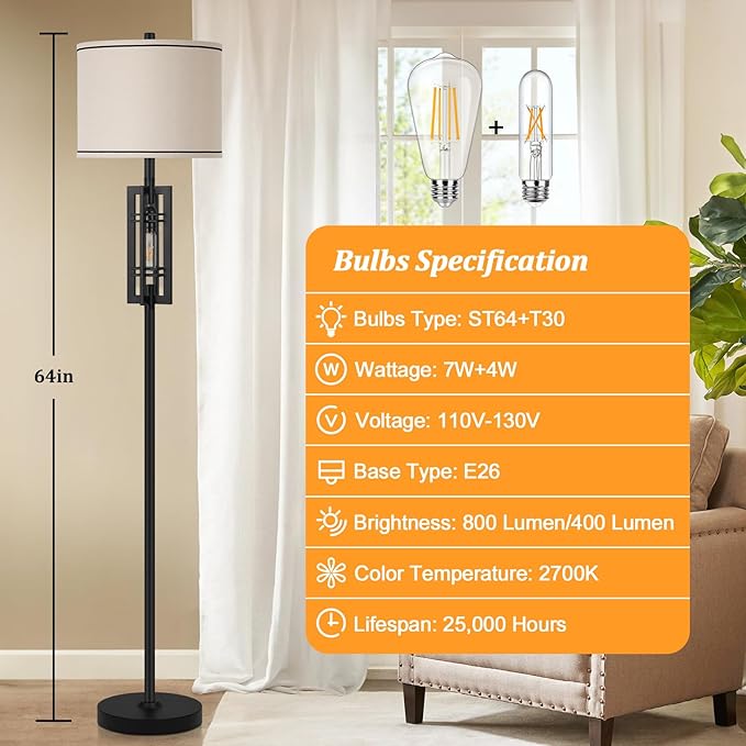 Farmhouse Floor Lamp with Night Light, Black Standing Lamp for Living Room, 2 E26 LED Bulbs Included, Industrial Floor Reading Lamp with Beige Fabric Lampshade, 64” Tall Lamp for Bedroom Office Corner - LeafyLoom