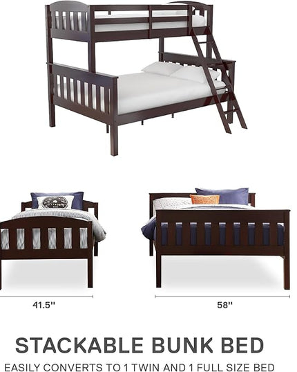 DHP Airlie Convertible Wood Bunk Bed, Stackable and Detachable Bed Frames for Kids and Teens, with Angled Ladder, High Guardrail, Wood Slats, No Boxspring Required, Twin-Over-Full, Espresso - LeafyLoom