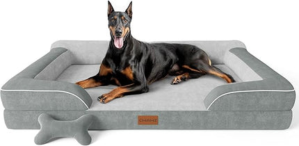 XXL Dog Bed for Large Dogs, Orthopedic Gel Memory Foam, Waterproof, 53" Dutch Velvet Sofa Bed, Light Gray LeafyLoom
