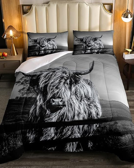 Highland Cow Bedding Set Full Size Grey Bull Cattle Comforter Set Funny Farmhouse Wildlife Animal Duvet Set for Kids Boys Girls Teens Western Cowboy Style Down Comforter Adult Bedroom Decor - LeafyLoom