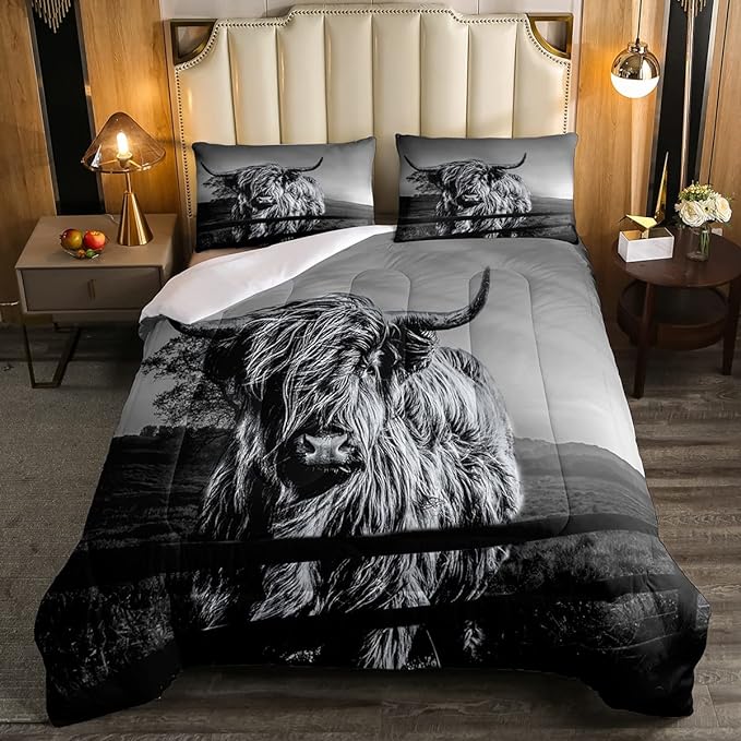 Highland Cow Bedding Set Full Size Grey Bull Cattle Comforter Set Funny Farmhouse Wildlife Animal Duvet Set for Kids Boys Girls Teens Western Cowboy Style Down Comforter Adult Bedroom Decor - LeafyLoom