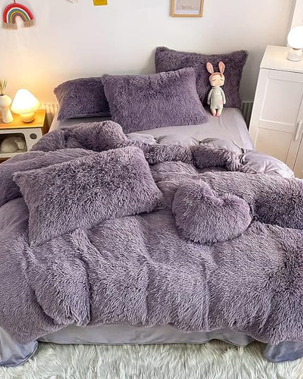 Faux Fur Kid Girls Purple Comforter Sets King - 3PC Bed Set Warm Comfortable Soft Plush Flannel Velvet Fluffy Fuzzy Bedding（Comforter x 1 Pillowcases x 2） - LeafyLoom