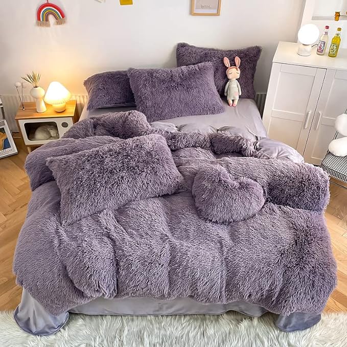 Faux Fur Kid Girls Purple Comforter Sets Queen - 3PC Bed Set Warm Comfortable Soft Plush Flannel Velvet Fluffy Fuzzy Bedding（Comforter x 1 Pillowcases x 2） - LeafyLoom