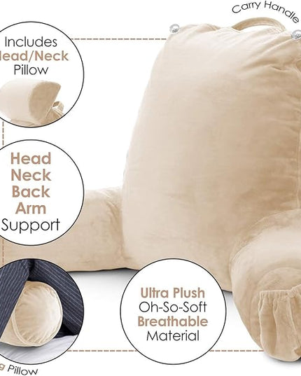 Nestl Reading Pillow with Portable Laptop Lap Desk, Velvet Feel Back Pillow for Sitting in Bed, Shredded Memory Foam Back Support Pillow for Bed, Bed Rest Pillow with Arms, Large - Cream - LeafyLoom