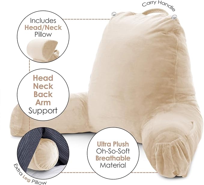 Nestl Reading Pillow with Portable Laptop Lap Desk, Velvet Feel Back Pillow for Sitting in Bed, Shredded Memory Foam Back Support Pillow for Bed, Bed Rest Pillow with Arms, Large - Cream - LeafyLoom