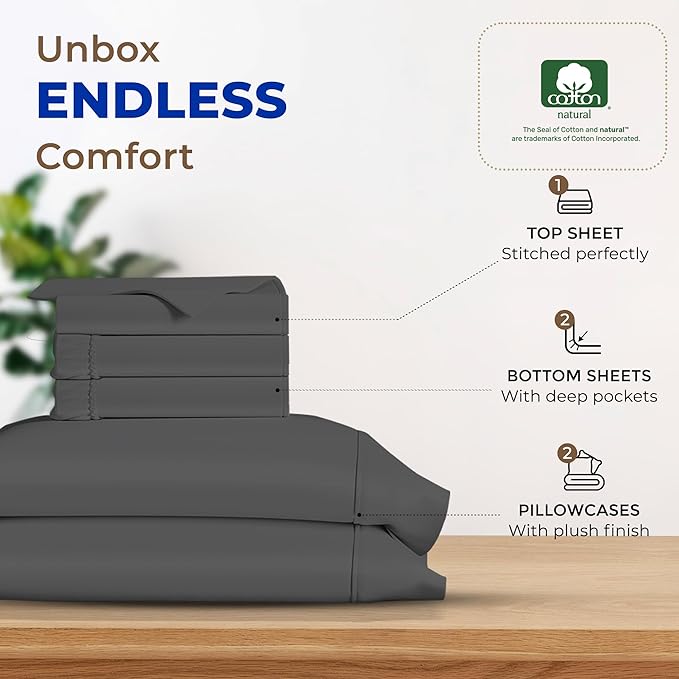 THREAD SPREAD 100% Egyptian Cotton Split King Sheets Sets for Adjustable Bed - 600 Thread Count 5 PC Top Split King Sheets, 16" Deep Pocket Cooling Sheets for Split King Adjustable Bed - Dark Grey - LeafyLoom