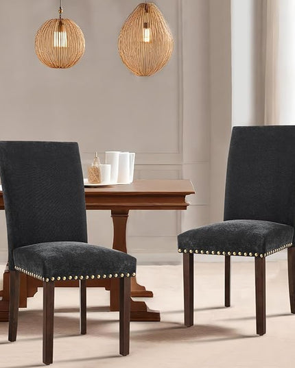 COLAMY Upholstered Parsons Dining Chairs Set of 6, Fabric Dining Room Kitchen Side Chair with Nailhead Trim and Wood Legs - F-Black - LeafyLoom