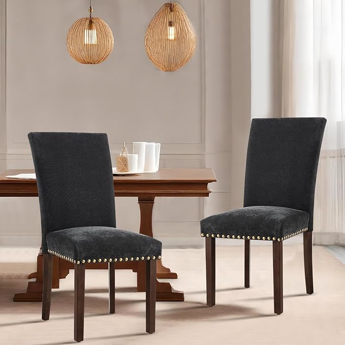 COLAMY Upholstered Parsons Dining Chairs Set of 6, Fabric Dining Room Kitchen Side Chair with Nailhead Trim and Wood Legs - F-Black - LeafyLoom