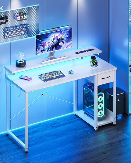 AODK Gaming Desk with LED Lights & Power Outlet, 48 Inch Computer Desk with Drawer, Reversible Desk with Adjustable Monitor Shelf & Headphone Hook for Home Office, White - LeafyLoom