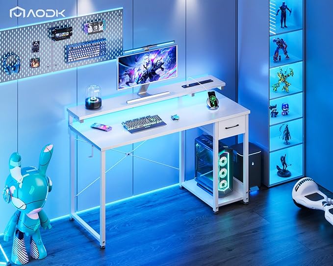 AODK Gaming Desk with LED Lights & Power Outlet, 48 Inch Computer Desk with Drawer, Reversible Desk with Adjustable Monitor Shelf & Headphone Hook for Home Office, White - LeafyLoom