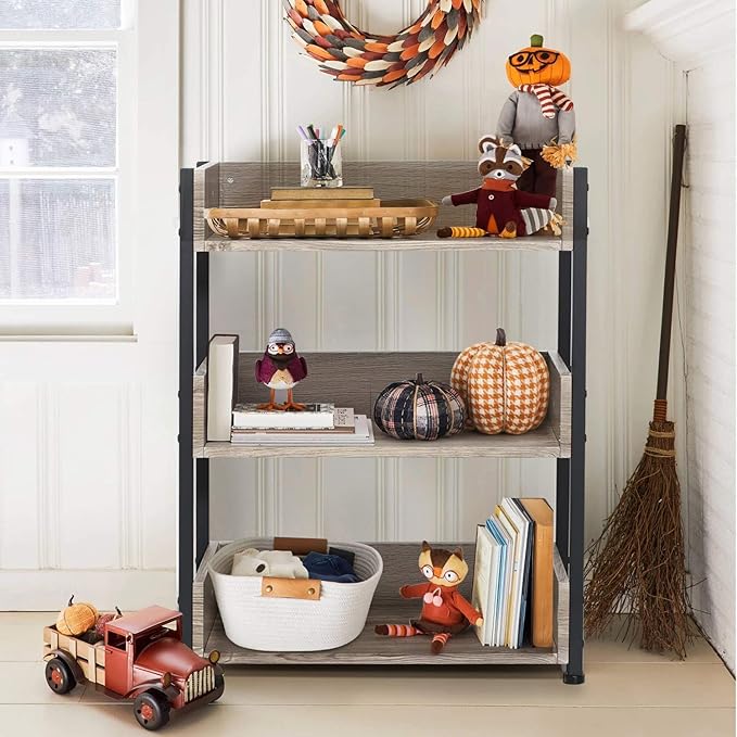VECELO Bookshelf,Small Bookcase,3-Tier Storage Organizer,Industrial Shelving Unit for Living Room,Classroom,Office,Dormitory,Set of 2,Brown - LeafyLoom