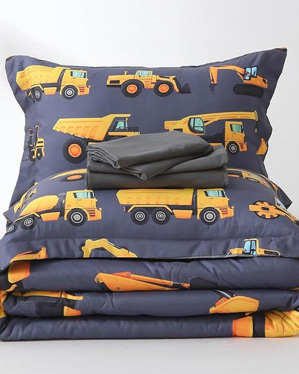Wajade 7 Piece Construction Truck Kids Comforter Set for Boys Twin Size 3D Vehicles Excavator Cars Bedding Set for Kids Teens(1 Comforter, 1 Flat Sheet, 1 Fitted Sheet, 2 Pillowcase and 2 Pillow Sham) - LeafyLoom