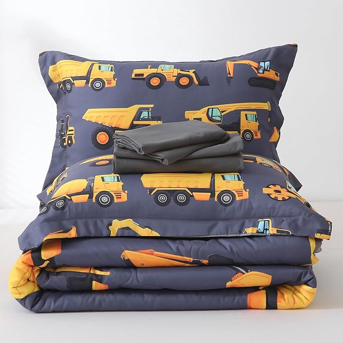Wajade 7 Piece Construction Truck Kids Comforter Set for Boys Twin Size 3D Vehicles Excavator Cars Bedding Set for Kids Teens(1 Comforter, 1 Flat Sheet, 1 Fitted Sheet, 2 Pillowcase and 2 Pillow Sham) - LeafyLoom