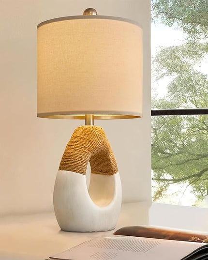 OYEARS 19” Boho Table Lamps Bedroom Living Room Small Farmhouse Rattan Lamp Rustic Egg Design Resin Nightstand Bedside Lamps for Bedroom Living Room Office Study Rest Decor - LeafyLoom