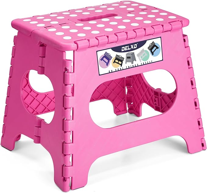 Delxo Folding Step Stool,11 Inch Non-Slip Foldable Step Stools for Kids and Adults,Portable Foldable Step Stool Lightweight Small Folding Stool with Handle for Kitchen Bathroom in Pink,1 Pack - LeafyLoom