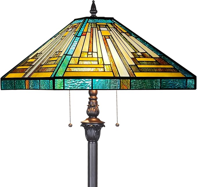 Capulina Tiffany Floor Lamp 2-Light 16X16X63 Inches Blue Amber Mission Antique Style Stained Glass Standing Reading Light for Living Room Bedroom Home Office - LeafyLoom