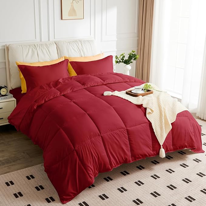 Full Size Comforter Set - 3 Pieces, 1 Reversible Comforter and 2 Pillowcases,Soft Quilted Warm Fluffy Cooling Bedding for All Season,Red - LeafyLoom