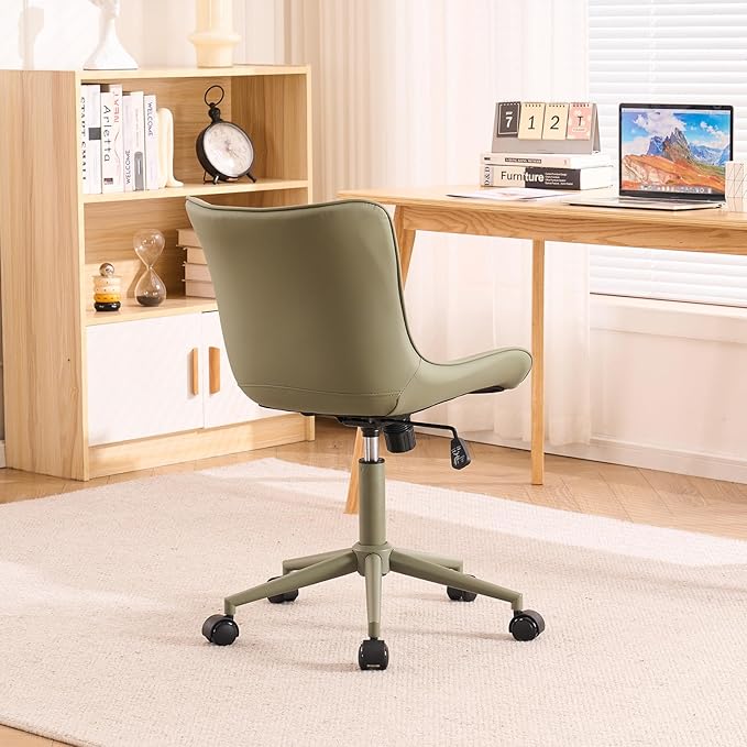 YOUTASTE Deep Green Office Chair Modern Armless Desk Chair with Wheels Adjustable Swivel Rocking Rolling Computer Study Chairs Faux Leather Sewing Chairs with Back Stylish Vanity Chair - LeafyLoom