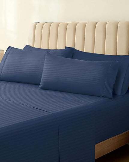 LuxClub 7 PC Split King Size Sheet Set Bed Sheets, Breathable Luxury Bed Sheets, Deep Pockets 18" Wrinkle Free Cooling Bed Sheets Machine Washable Hotel Bedding (Split King, Striped Navy) - LeafyLoom