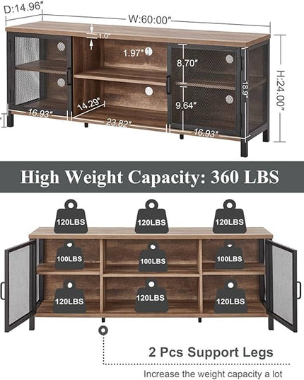 FATORRI Industrial Entertainment Center for TVs up to 65 Inch, Rustic Wood TV Stand, Large TV Console and TV Cabinet for Living Room (60 Inch Wide, Rustic Oak) - LeafyLoom