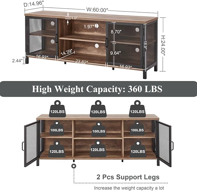 FATORRI Industrial Entertainment Center for TVs up to 65 Inch, Rustic Wood TV Stand, Large TV Console and TV Cabinet for Living Room (60 Inch Wide, Rustic Oak) - LeafyLoom