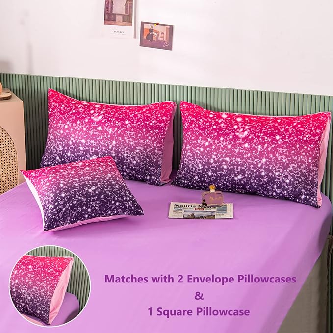 PERFEMET Purple Comforter Set Full Size - 6Pcs Colorful Rainbow Girls Bedding Set - Sparkly Pastel Ombre Bed in A Bag - (1 Comforter, 1 Flat Sheet, 1 Fitted Sheet, 2 Pillowcases, 1 Cushion Cover) - LeafyLoom