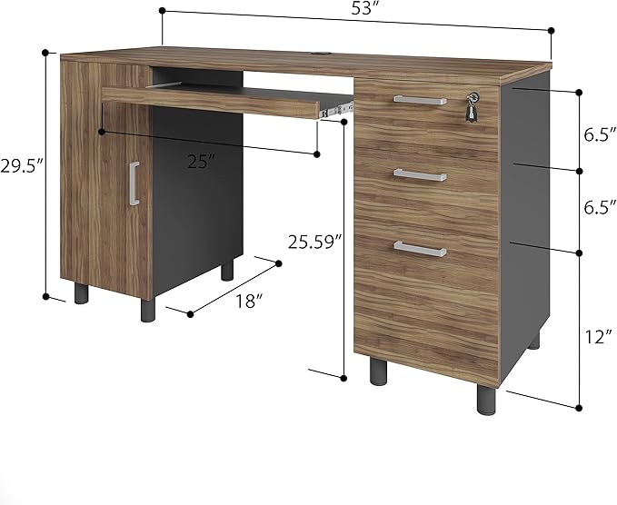 Modern Design By Crafts & comfort Venice Computer Desk - Office Desk with 3 Drawers & CPU Storage Cabinet - Laptop Workstation with Keyboard Tray & Cable Hole - Home & Office Supplies -Cass/black - LeafyLoom