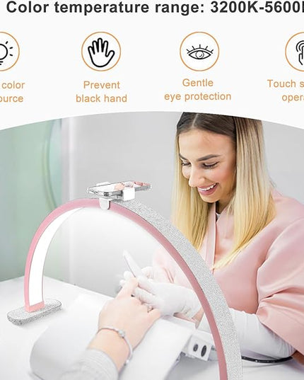 Half Moon Light for Nail Desk, 30'' Half Moon Lamp with Phone Holder, Large 40W Led Lash Light for Nails, Eyelash Extensions, Makeup, Tattoo, Spa, Desk Lamp for Nail Tech (Pink) - LeafyLoom