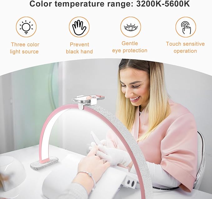 Half Moon Light for Nail Desk, 30'' Half Moon Lamp with Phone Holder, Large 40W Led Lash Light for Nails, Eyelash Extensions, Makeup, Tattoo, Spa, Desk Lamp for Nail Tech (Pink) - LeafyLoom