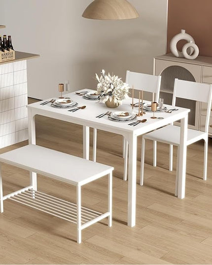 SogesHome 43.3'' Kitchen Dining Table Set for 4, 4 Piece Kitchen Table Bench Chairs Setfor 4, Space-Saving Table Set for Restaurant, Coffee Shop,White - LeafyLoom