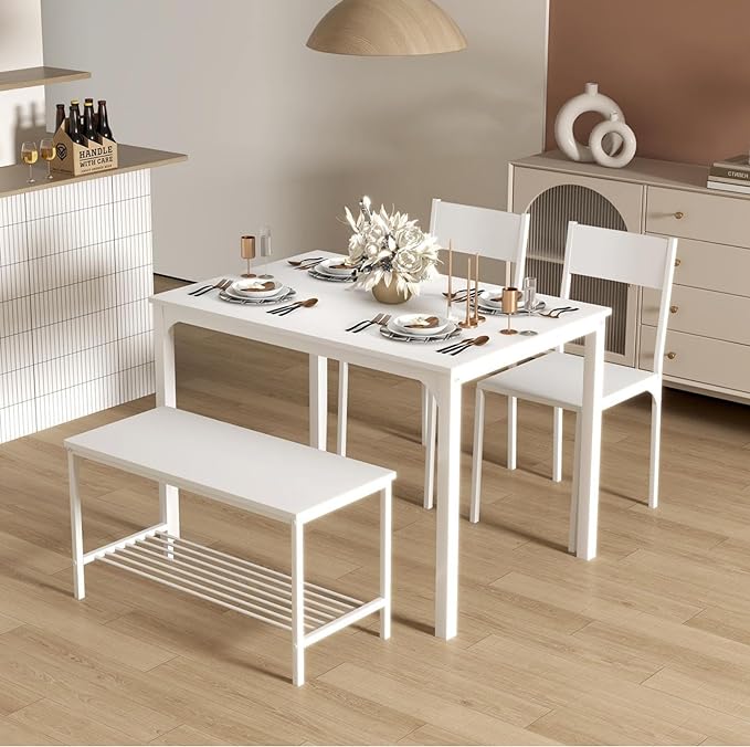 SogesHome 43.3'' Kitchen Dining Table Set for 4, 4 Piece Kitchen Table Bench Chairs Setfor 4, Space-Saving Table Set for Restaurant, Coffee Shop,White - LeafyLoom