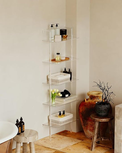 Acrylic Ladder Bookshelf, 5-Tier Clear Wall Mounted Bookshelf with Open Shelves, Multipurpose Bookcase for Living Room, Bathroom, Office, Modern, 11.6" D x 23.4" W x 72.6" H - LeafyLoom