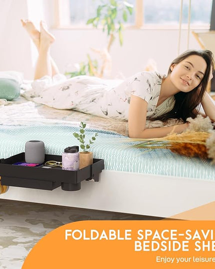 SPACELEAD Bedside Shelf for Bed – College Dorm Room Clip On Nightstand with Cup Holder & Cord Holder&Drawer – Bunk Bed Shelf for Organizer Top for Bedroom (Black，Plastic) - LeafyLoom